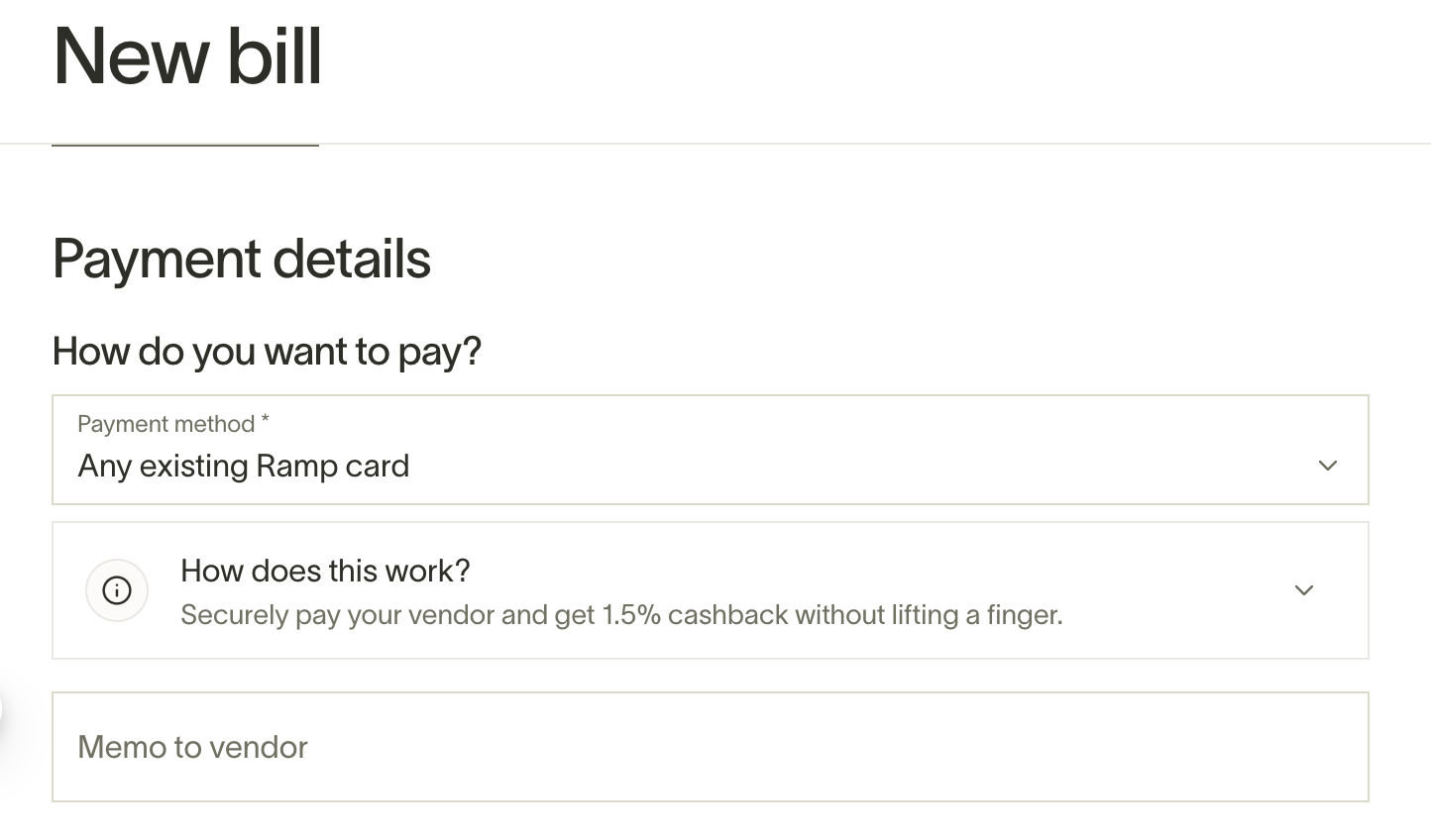 Draft bill view with payment method and vendor memo fields