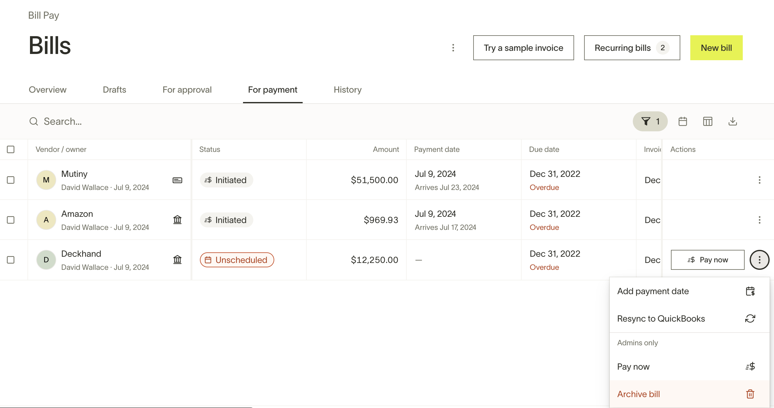Bills list showing archived and paid bill statuses