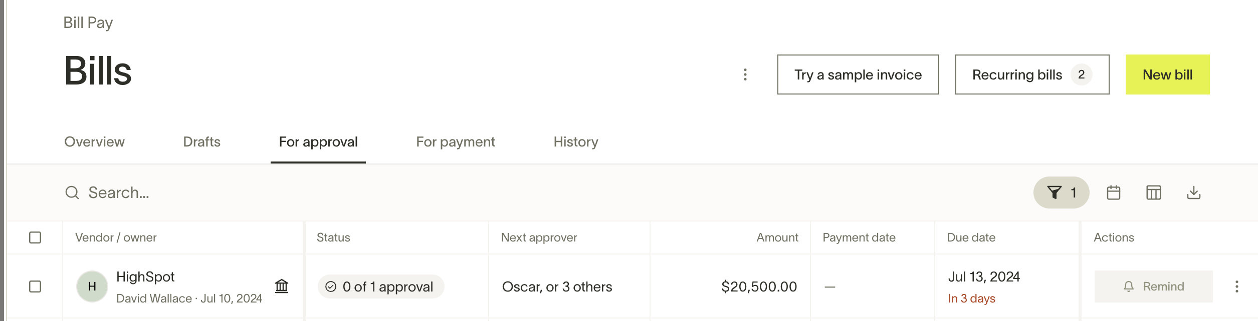 For approval tab showing bills waiting for review