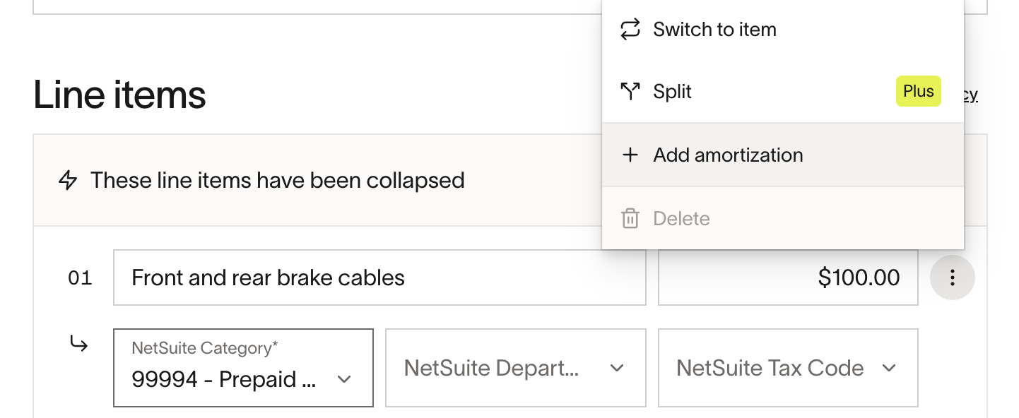 Line items section in Ramp showing options to add amortization alongside existing line item details.