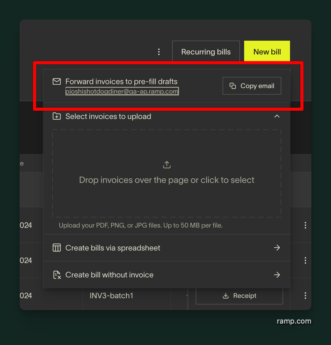 Bill Pay menu showing where to find the company's AP forwarding address