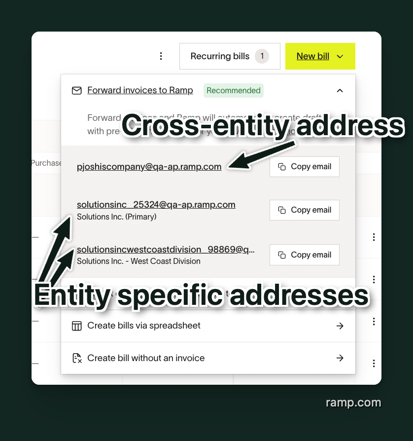 Bill Pay view showing entity-specific and cross-entity AP forwarding inboxes