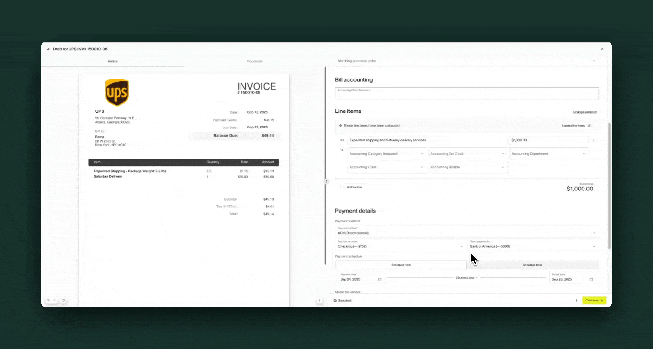 Splitting a bill line item across multiple accounting fields using the three-dots menu