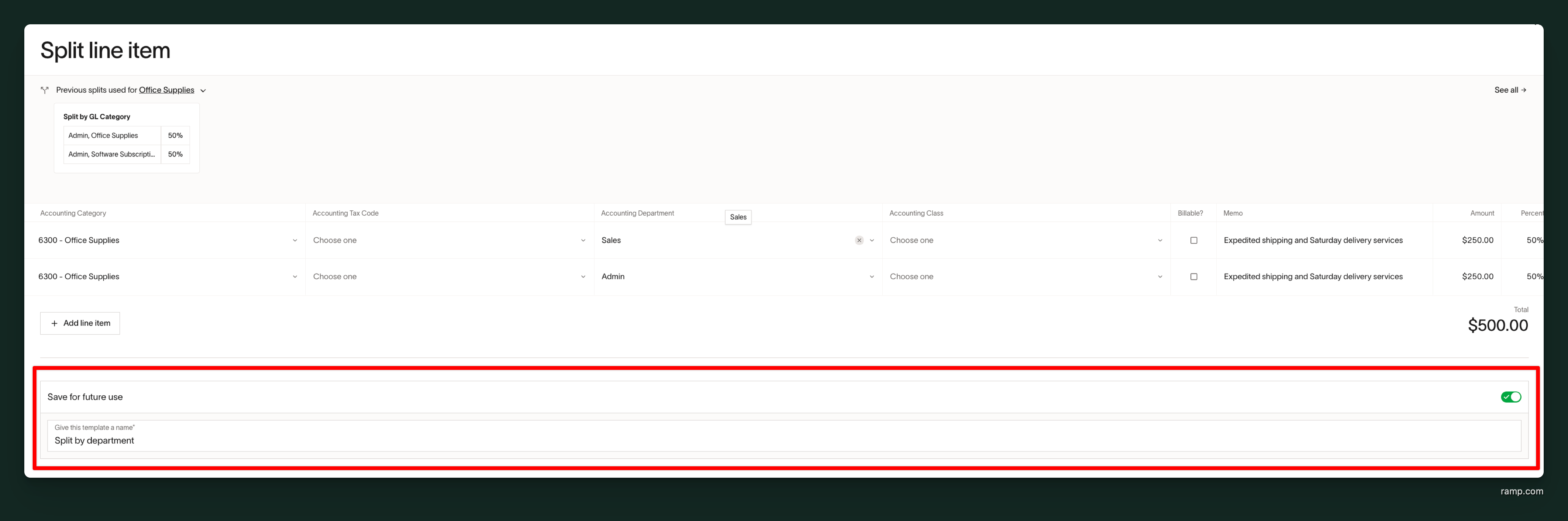 Split line item dialog with Save for future use toggle enabled and template name field