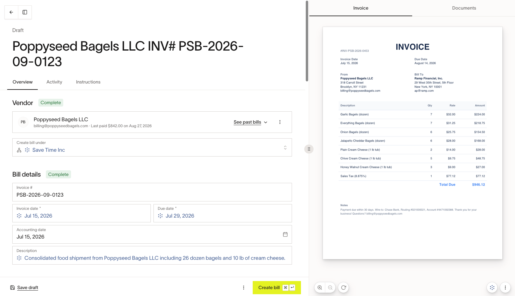 Bill Pay draft with vendor and bill details beside the invoice preview