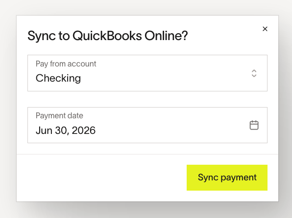 QuickBooks Online sync payment modal with pay-from account and payment date fields