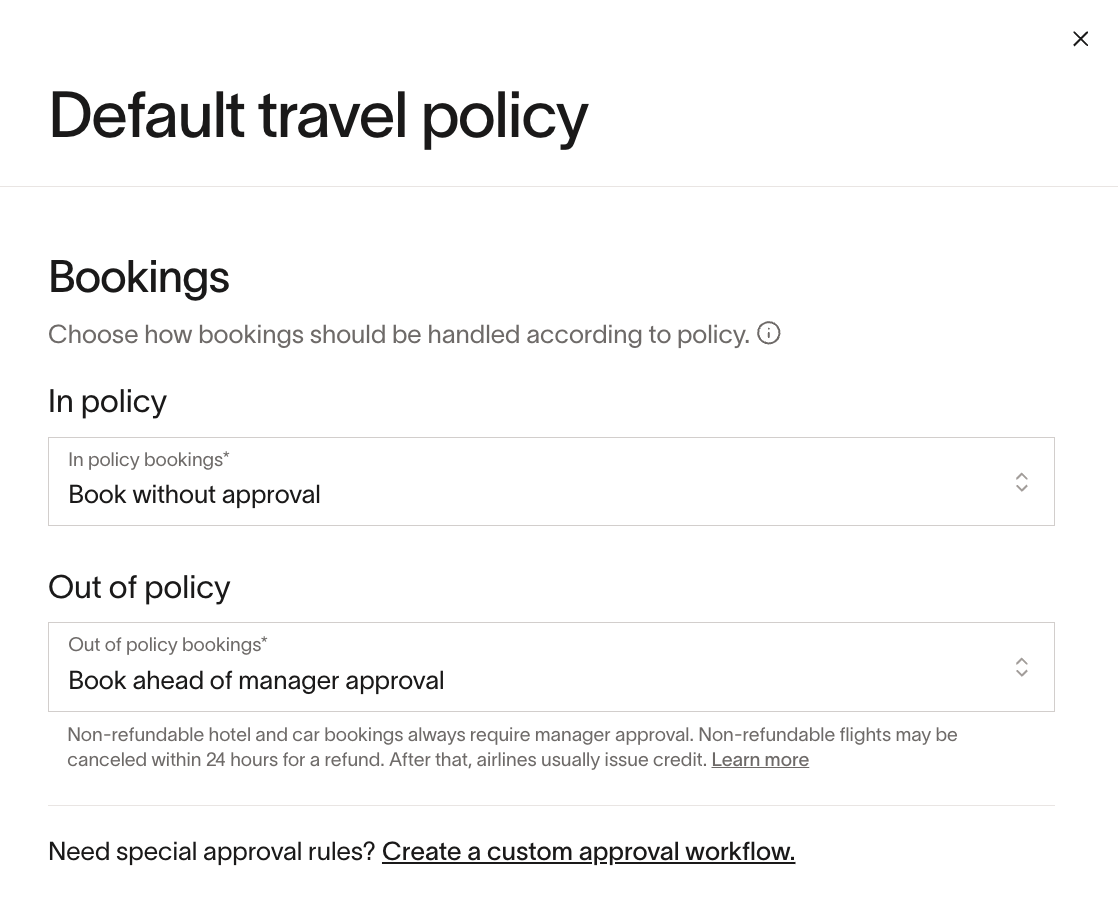 Default travel policy settings for in-policy and out-of-policy bookings, with approval options displayed.