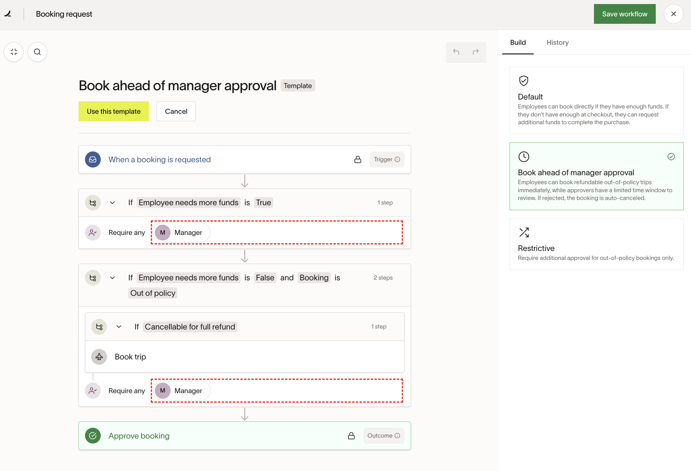 Approval workflow setup showing conditions for booking requests and manager approvals.