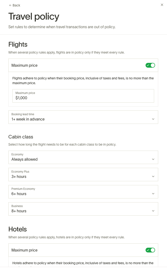 Travel policy settings for flights and hotels, with options for maximum price, cabin class, and hotel cost per night.