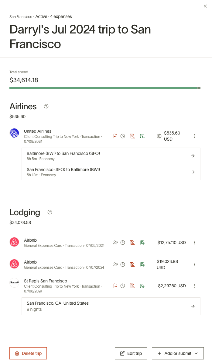 Trip summary for July 2024 to San Francisco, showing total cost, airlines, and lodging expenses.