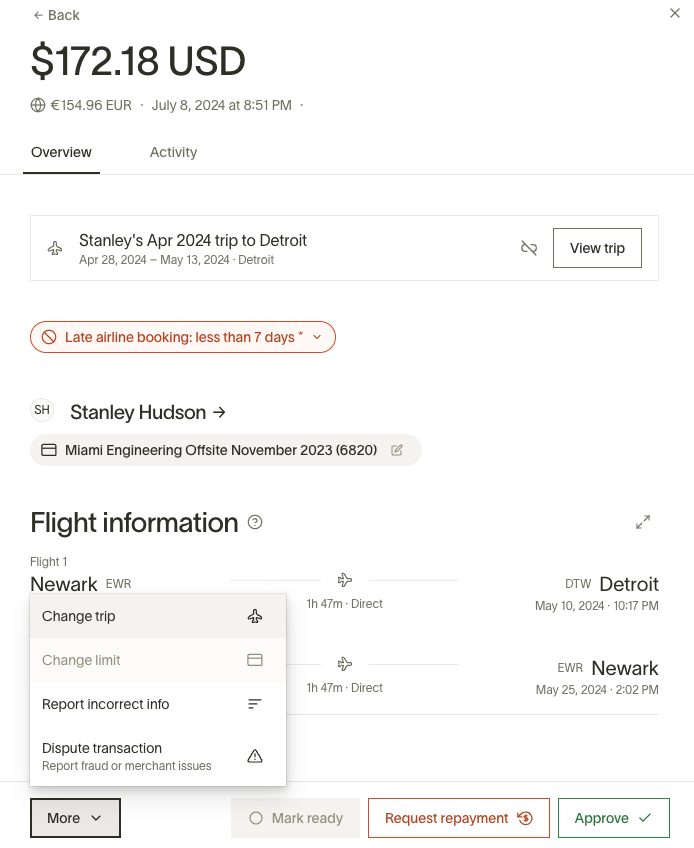 Overview page showing a transaction for a trip to Detroit, with options to change trip details or dispute the transaction.