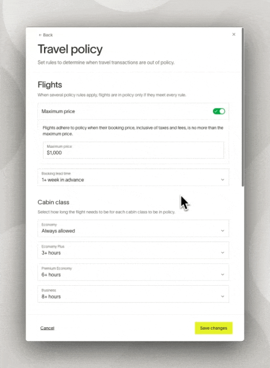Travel policy settings allow admins to define flight rules including price, booking lead time, and cabin class.