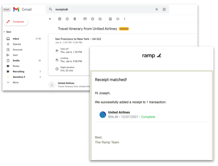 Email in Gmail showing a travel itinerary from United Airlines and a receipt confirmation from Ramp for a transaction.
