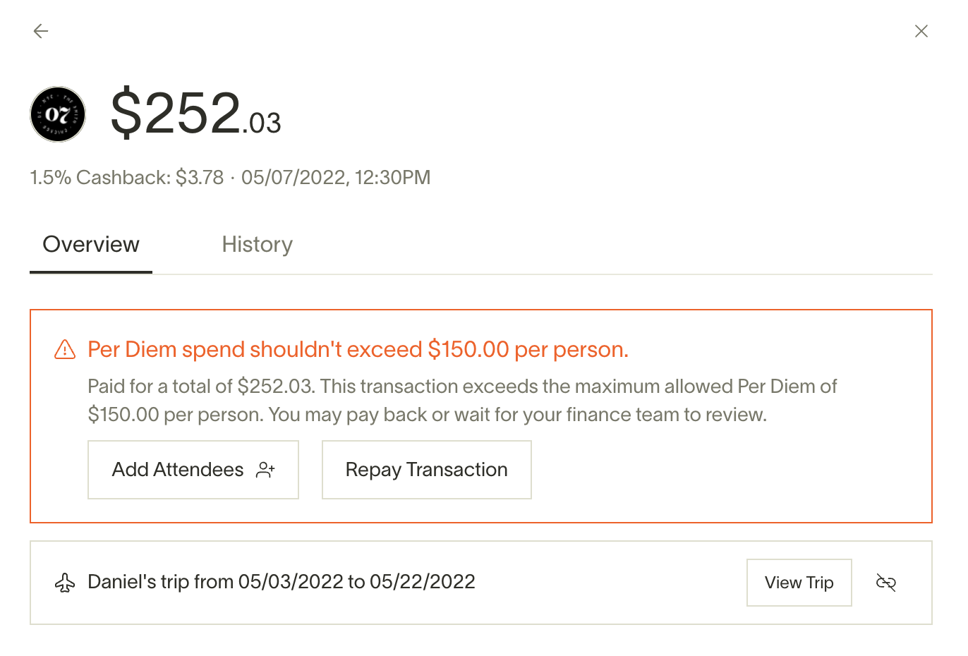 Overview page showing a transaction flagged for exceeding the $150 per diem limit, with options to add attendees or repay.