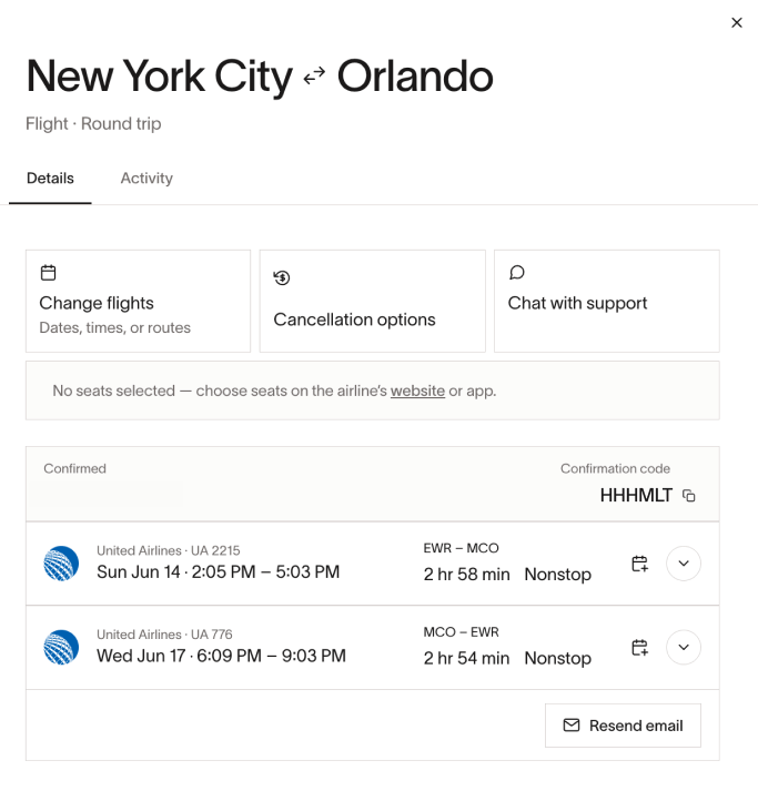 Booking details page showing options to change flights, view cancellation options, and chat with support.