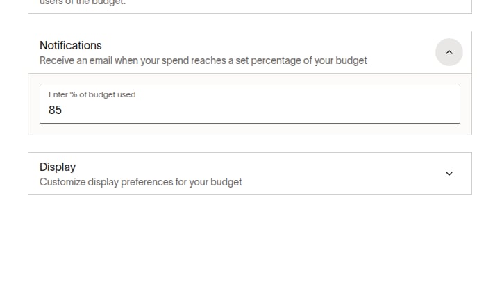 Budget notification settings with an 85% threshold