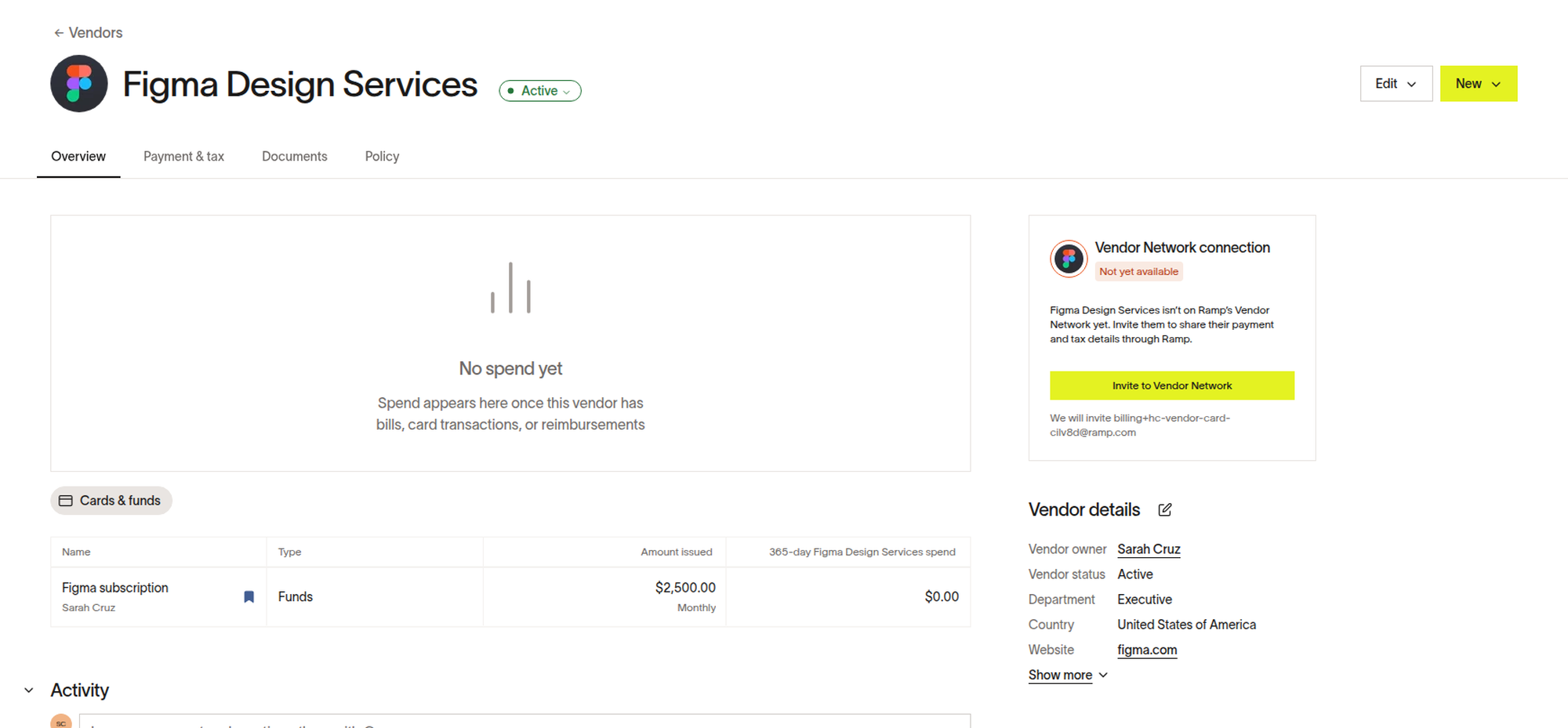 Vendor profile Overview with the Cards and funds table and Card on File bookmark
