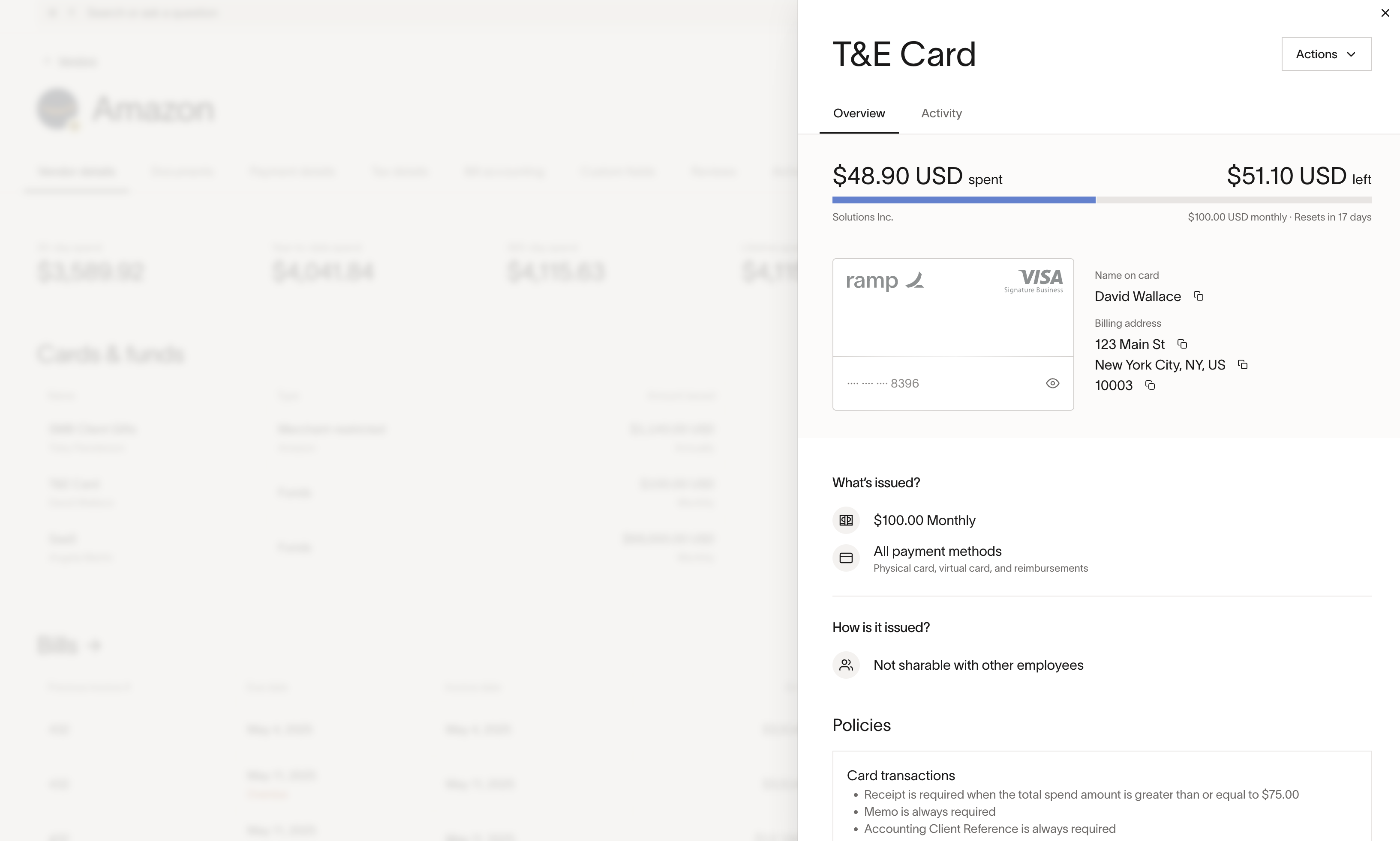 Card detail drawer opened from vendor profile showing spend, limits, and policies