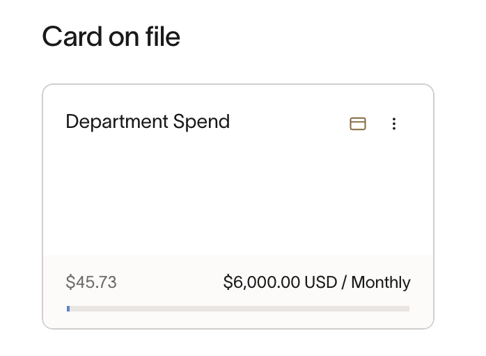 Card on file widget on vendor profile with featured card displaying spend and limit