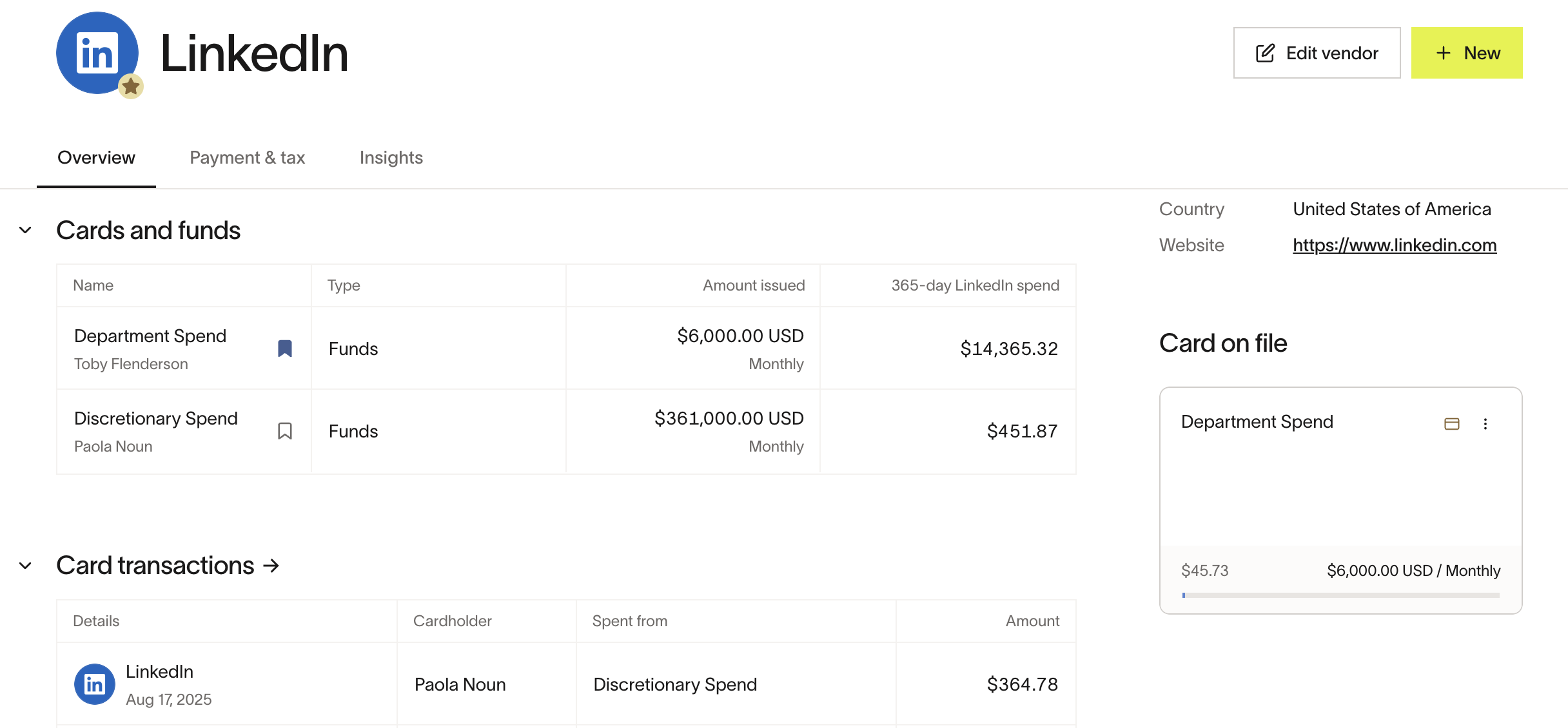 Vendor profile Cards and funds table with card on file widget showing spend and limit