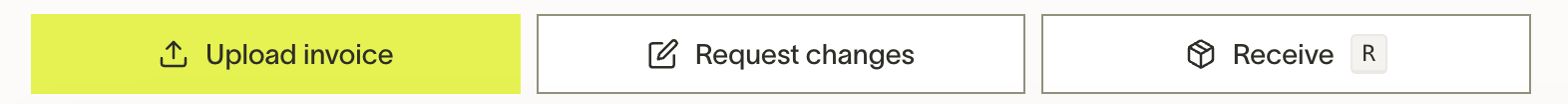 Purchase order action buttons: Upload invoice, Request changes, and Receive