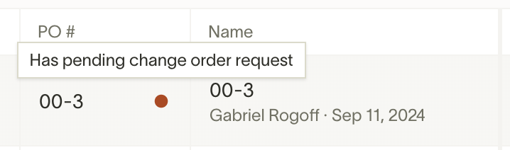 Purchase Orders table showing a PO with a pending change order request indicator