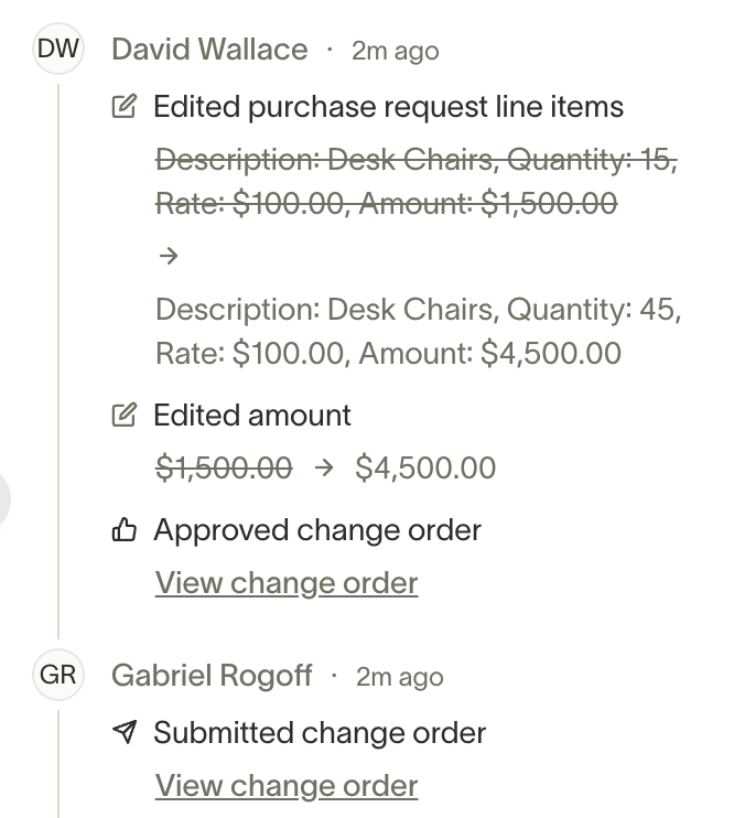 Activity log showing change order submission, line item edits, and approval history