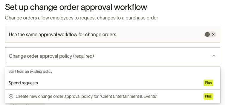 Change order approval workflow settings with toggle to use a separate workflow