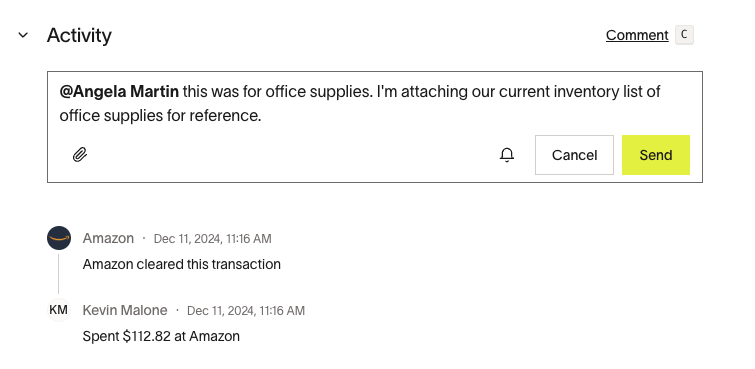 Activity tab showing a comment tagging a user with attachment option and transaction history