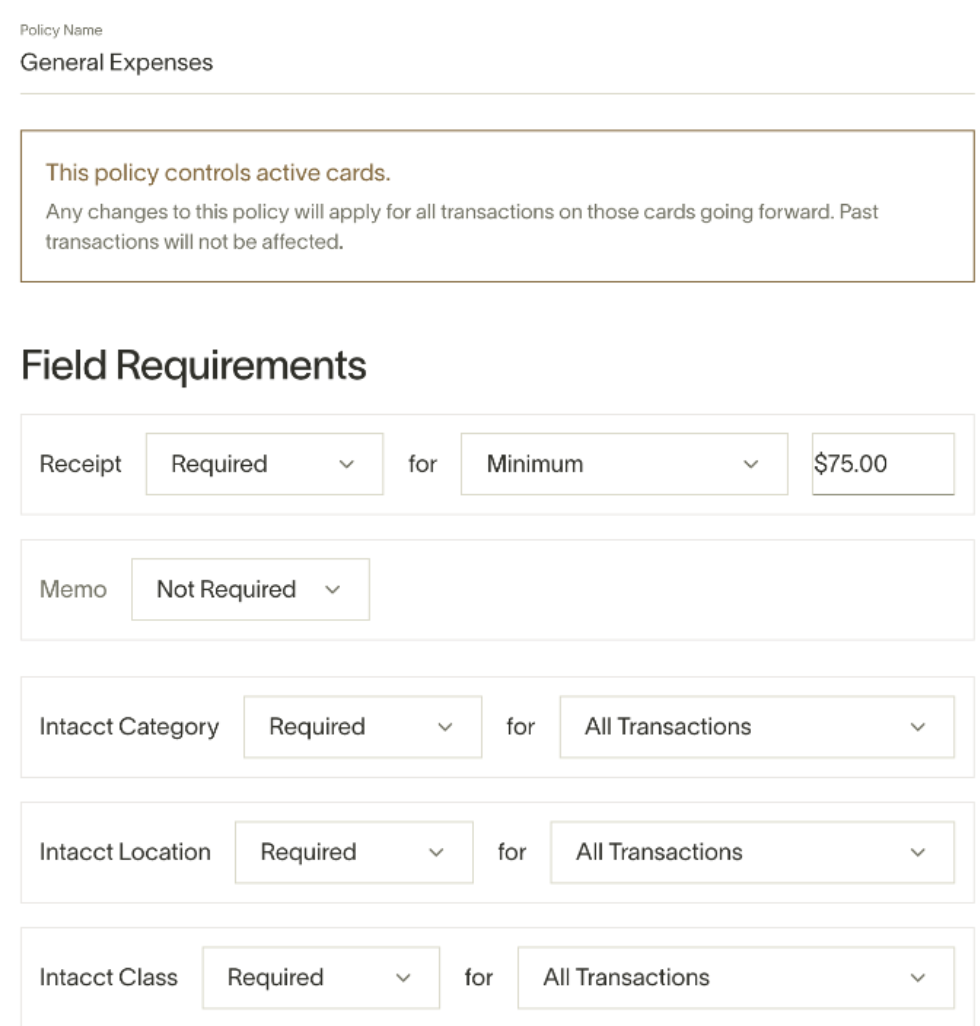 Expense policy settings requiring all three fields