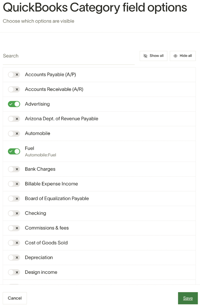 Selecting Advertising and Fuel as filtered category options