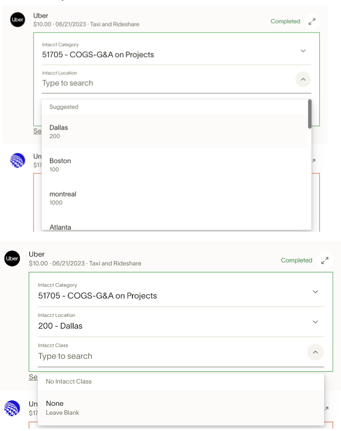 Cardholder view showing Location field when another account is selected