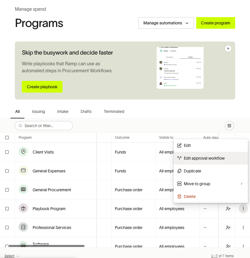 Programs page with three-dot menu showing Edit approval workflow option