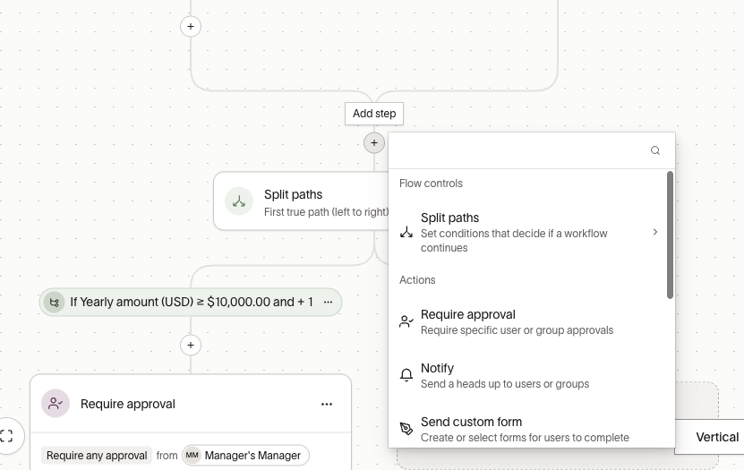 Add step menu showing flow controls and actions like Split paths and Require approval