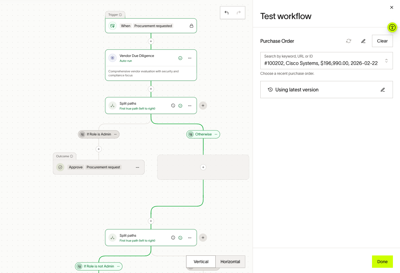 Test workflow panel with a sample purchase order selected and workflow path highlighted