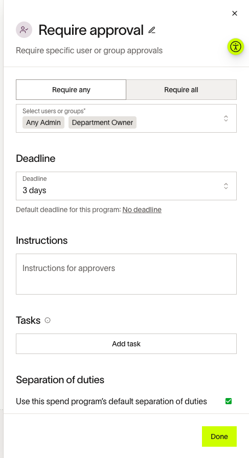 Require approval configuration panel with approvers, deadline, instructions, and tasks
