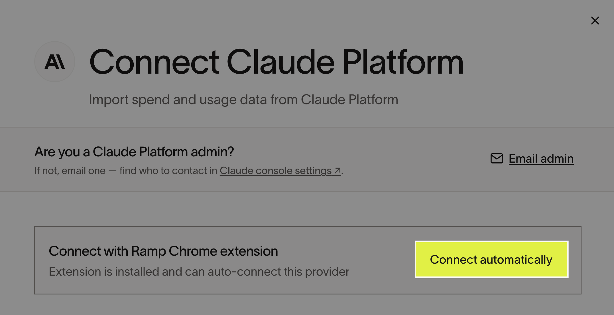 Ramp Connect Claude Platform page with the Connect automatically option