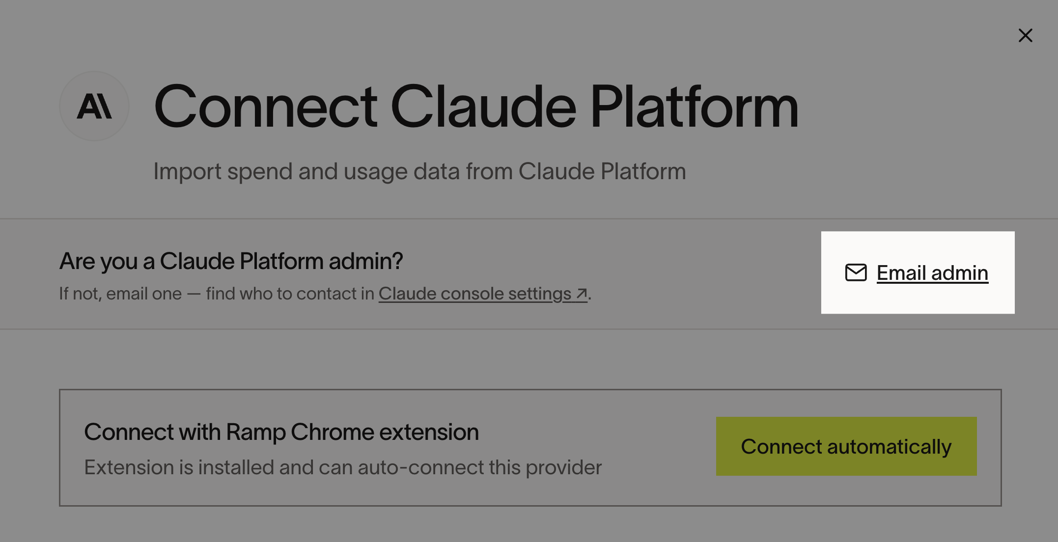 Ramp Connect Claude Platform page with the Email admin button