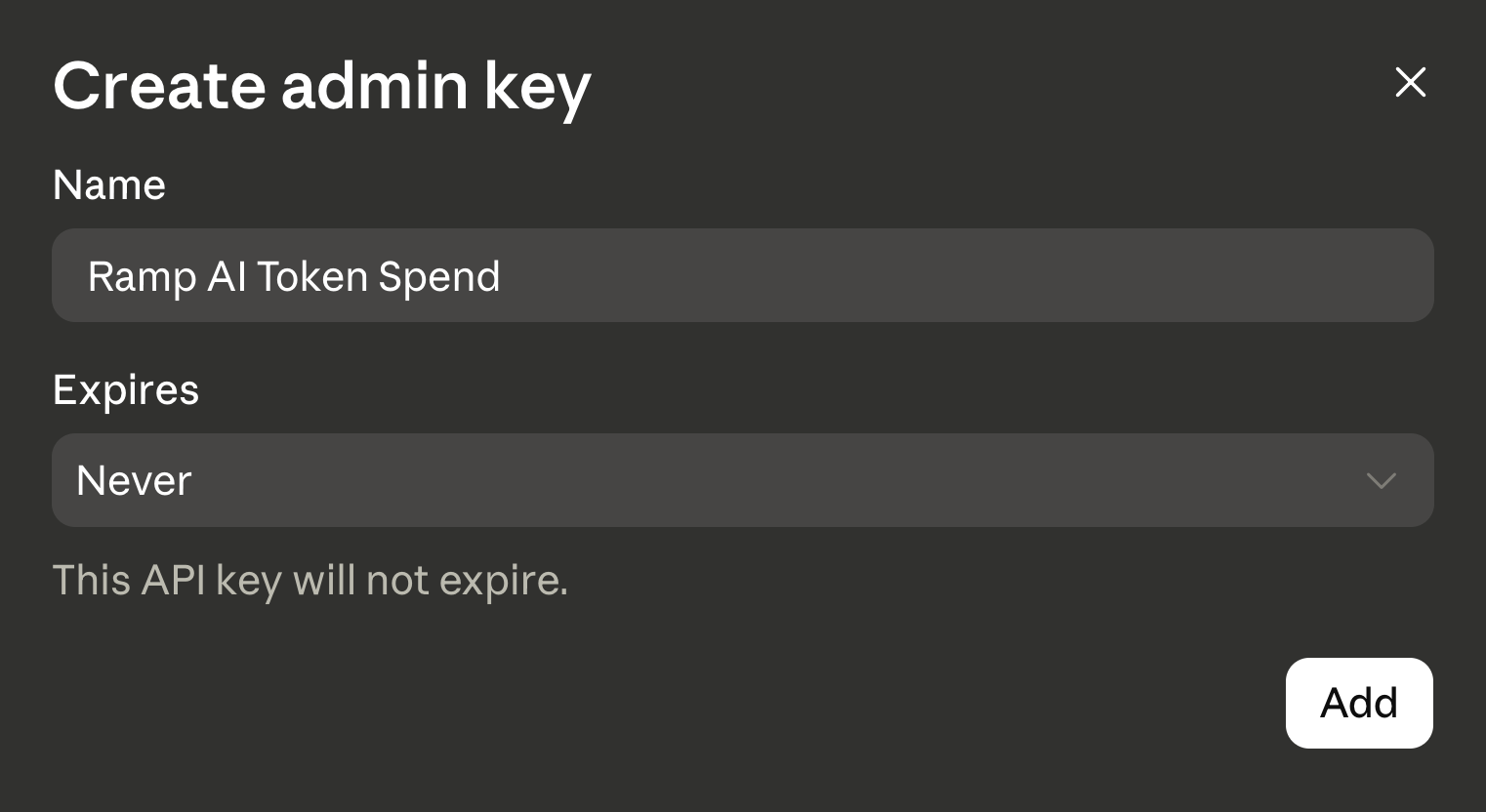 Claude Platform dialog for naming an admin key and setting its expiration