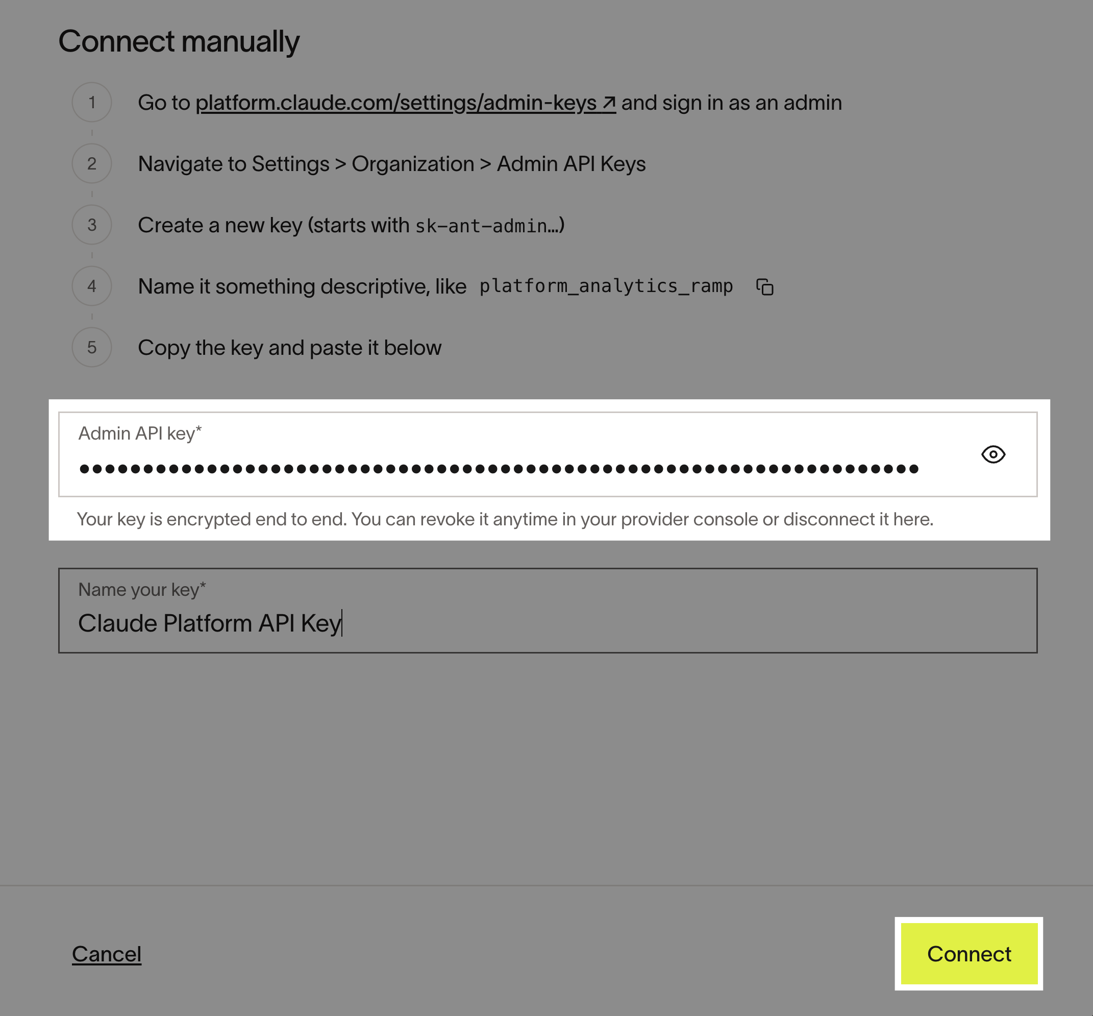 Ramp Connect Claude Platform page with a field to paste the Admin API key