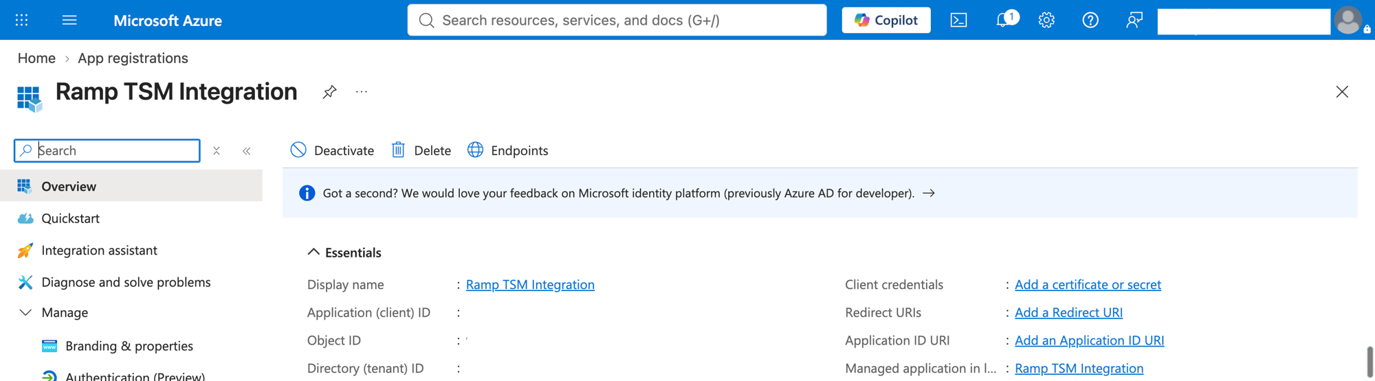 Azure app registration Overview showing the Application (client) ID and Directory (tenant) ID fields, with values redacted