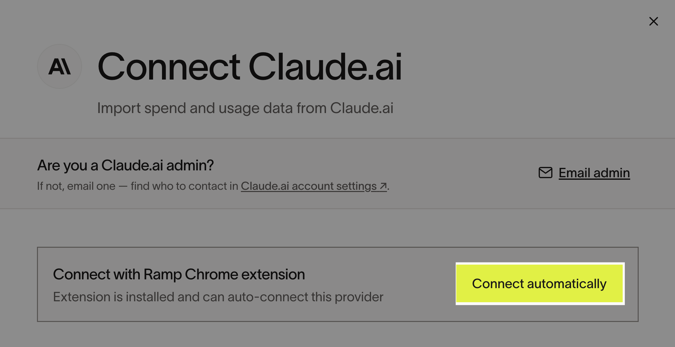 Ramp Connect Claude.ai page with the Connect automatically option