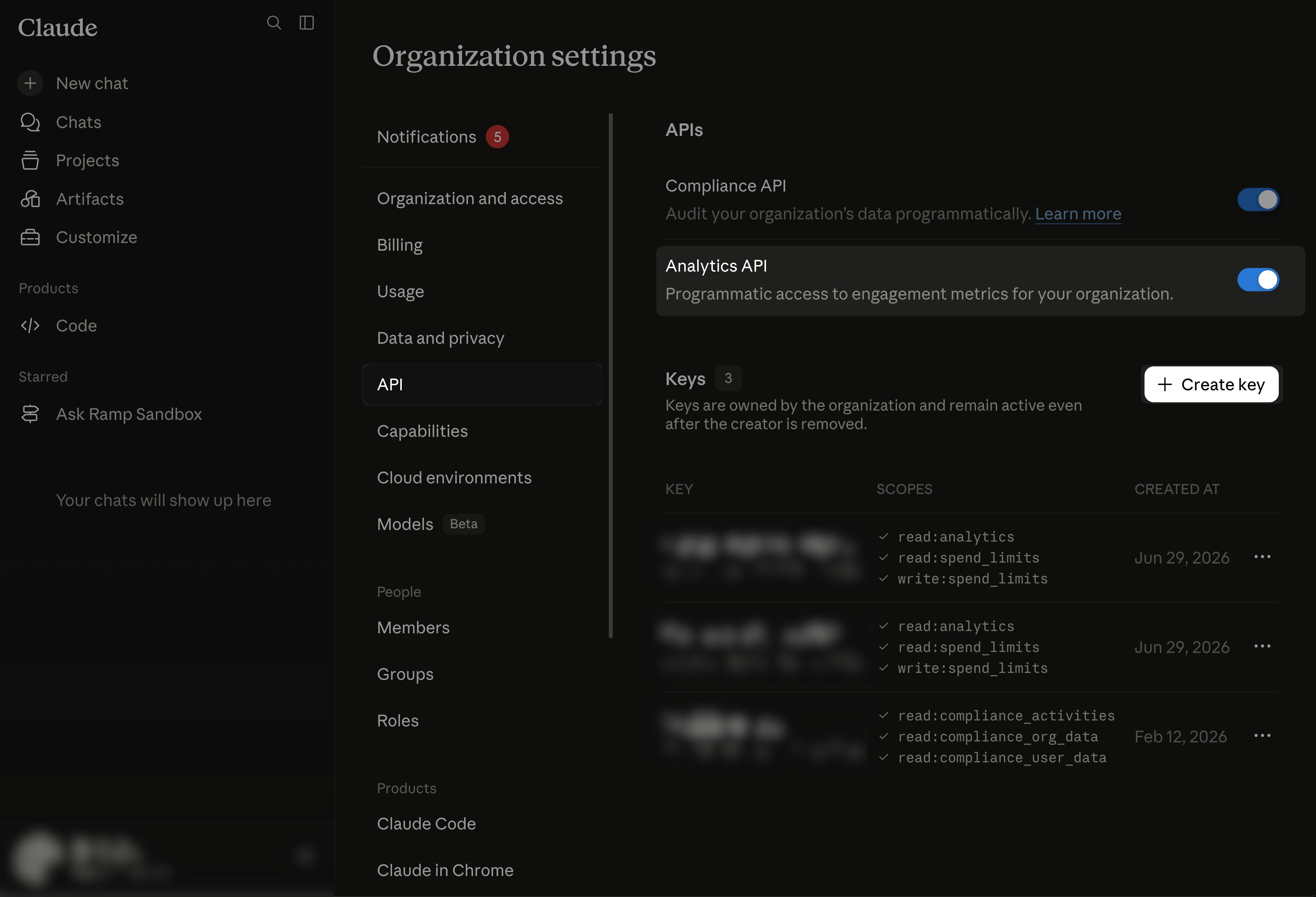Claude.ai organization API settings with the Analytics API toggle and Create key button