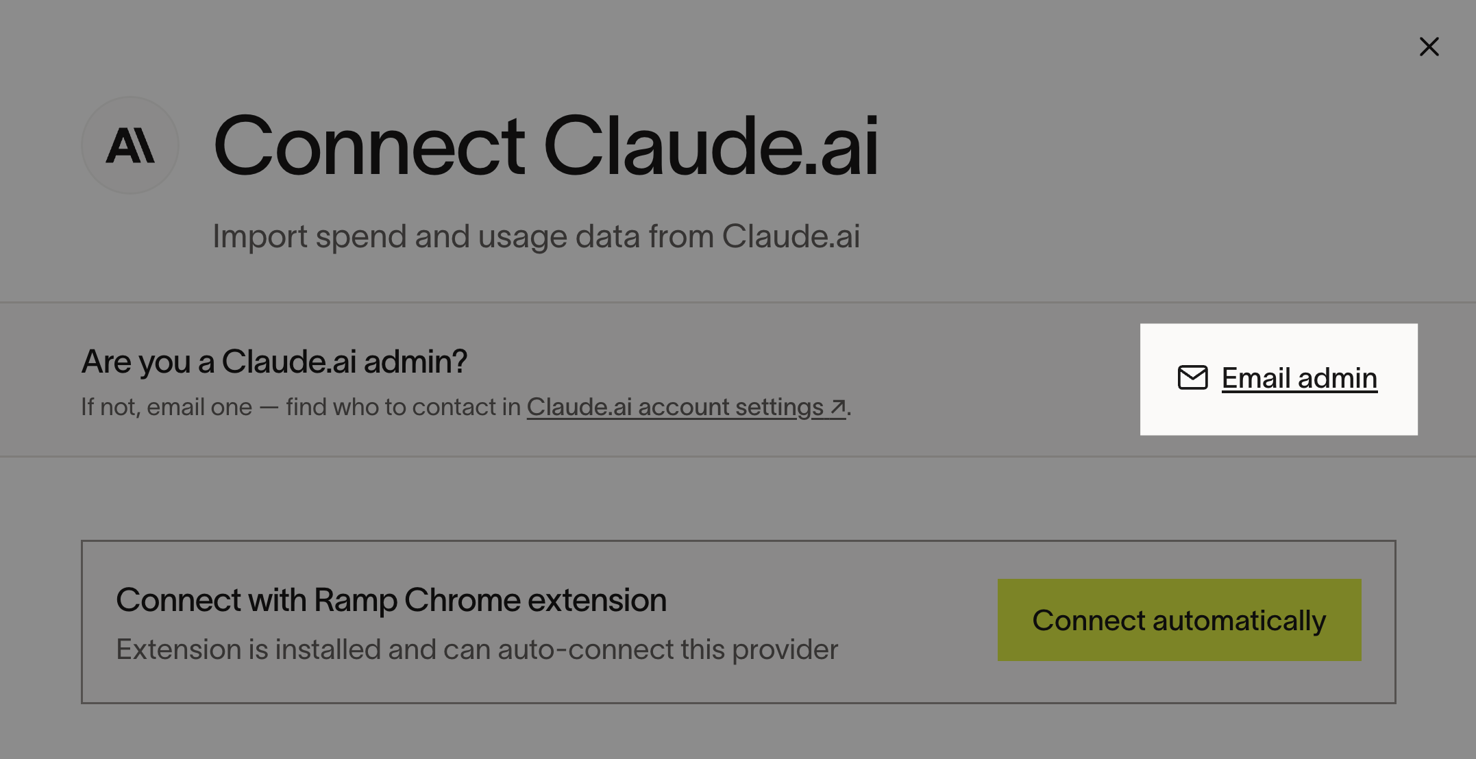 Ramp Connect Claude.ai page with the Email admin button