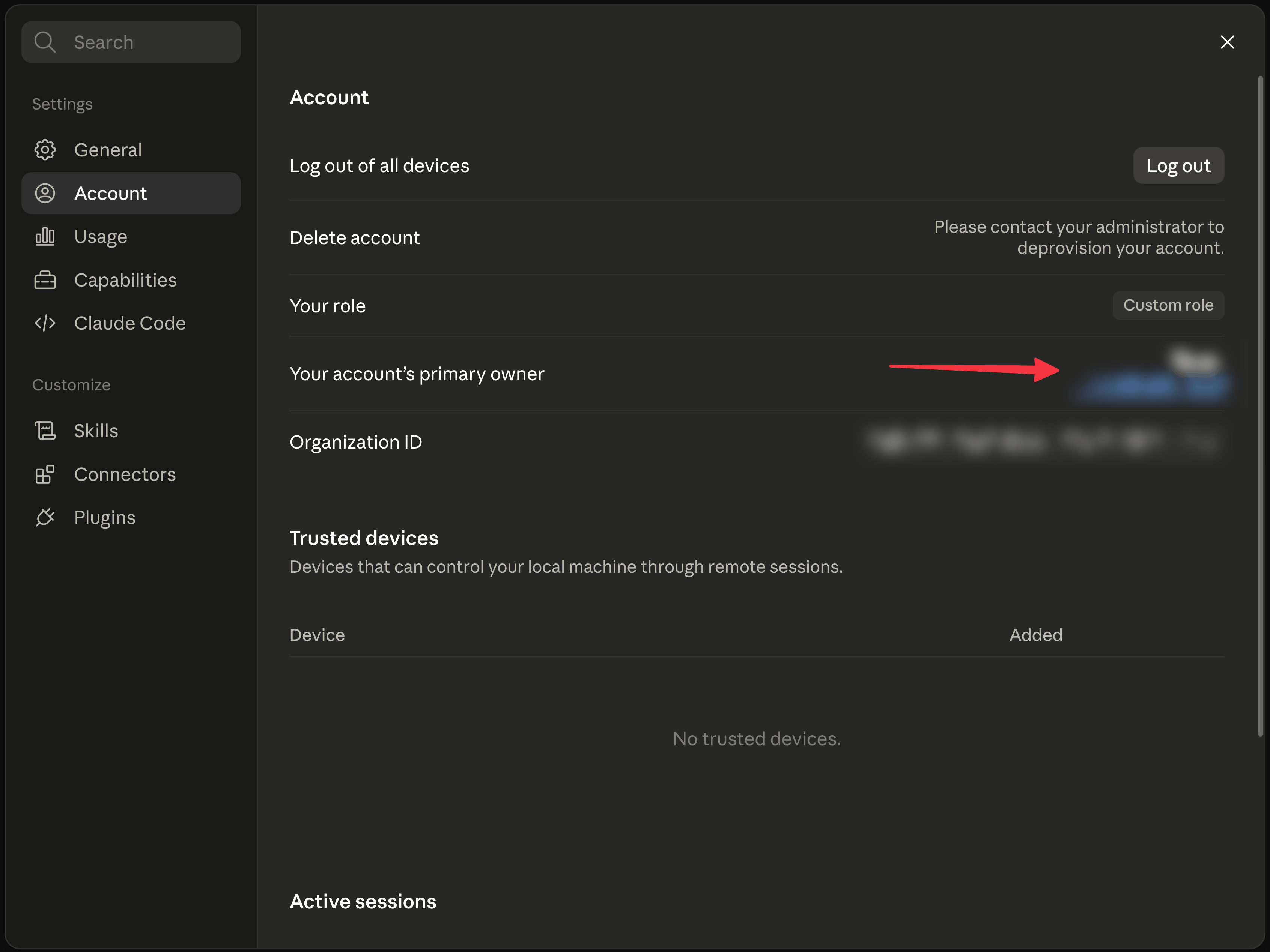 Claude.ai account settings showing the primary owner field
