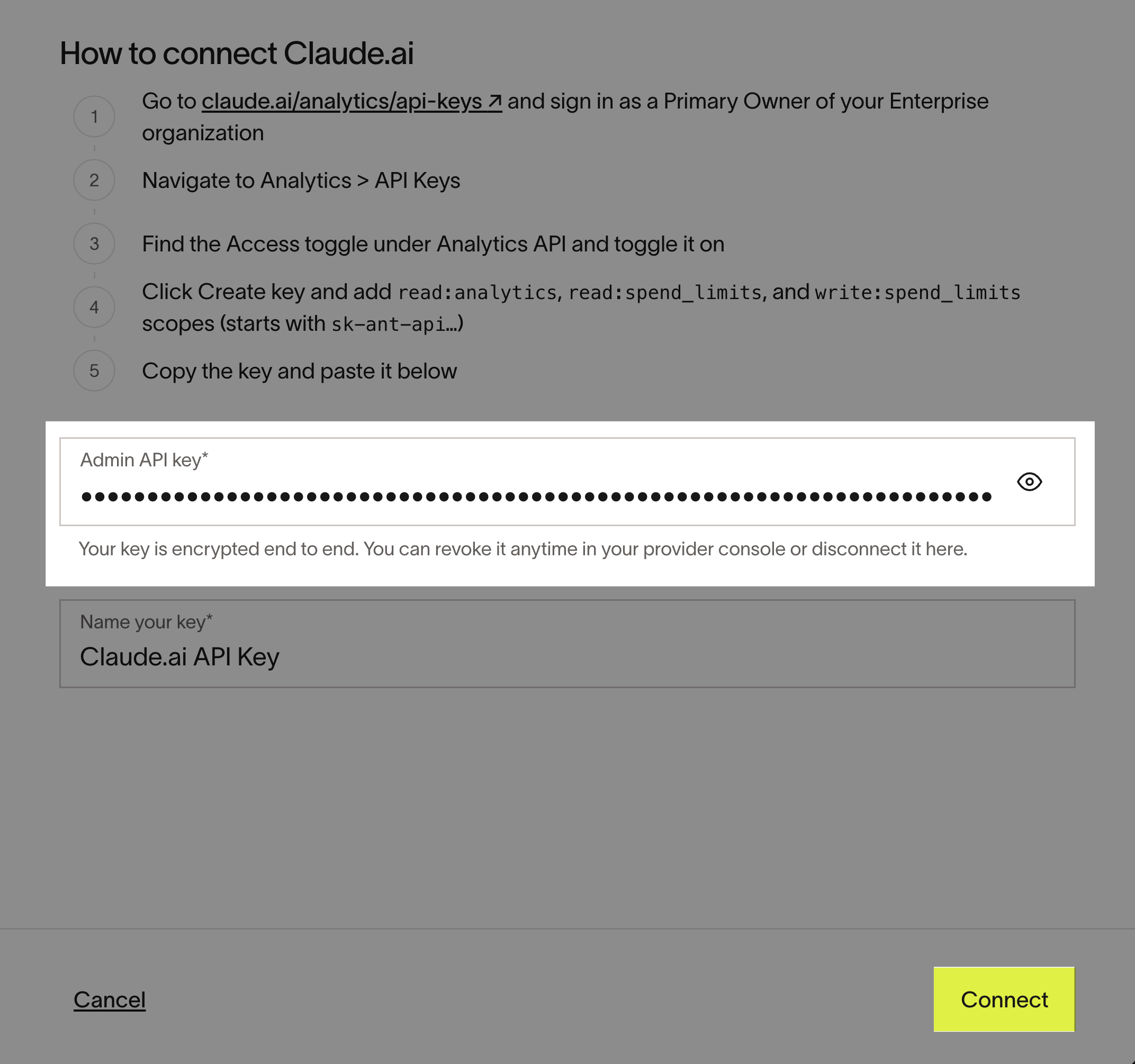 Ramp Connect Claude.ai page with a field to paste the Analytics API key