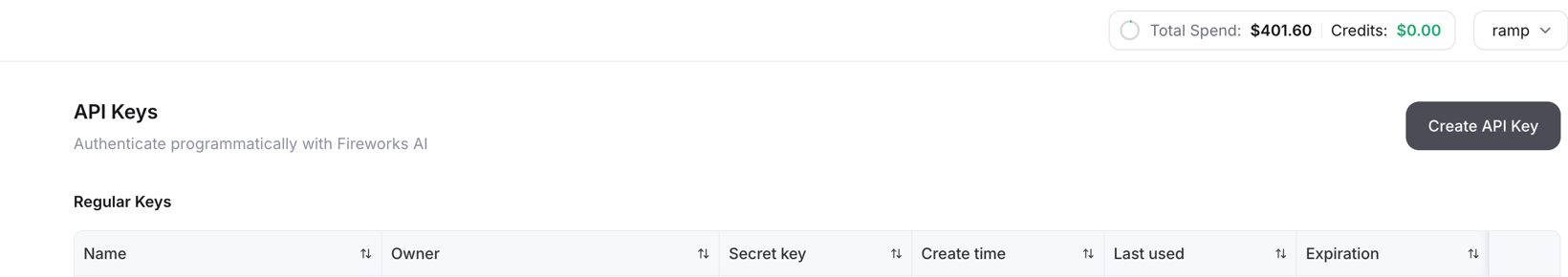 Fireworks AI API Keys page with the Create API Key button