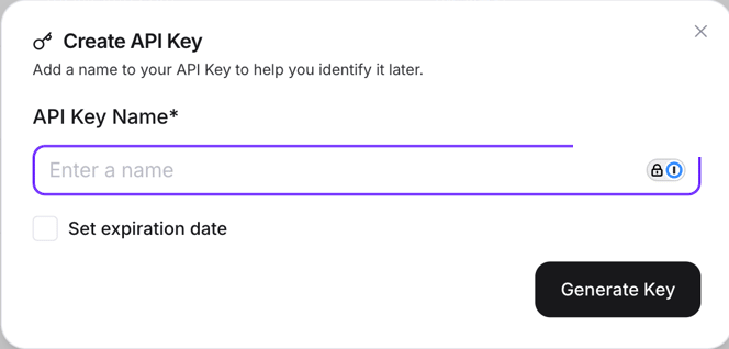 Fireworks AI Create API Key window with API Key Name, Set expiration date, and Generate Key controls