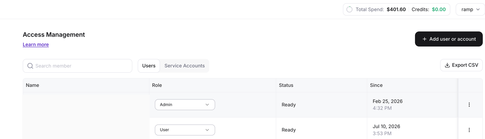 Fireworks AI Access Management page showing the Role column with Admin and User values