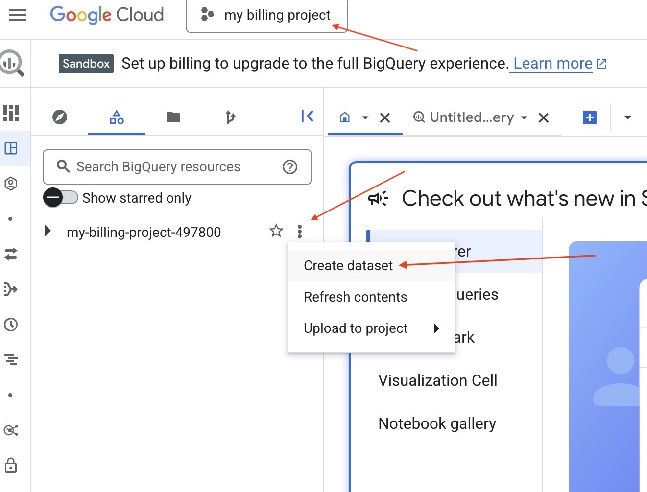 BigQuery project menu showing the Create dataset option